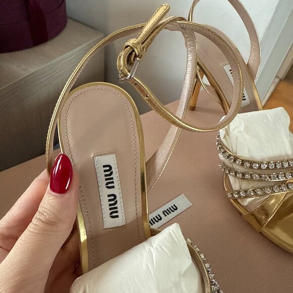 NWT Miu Miu Ankle Strap Sandals Metallic Gold Leather Crystal Embellished 34.5 - Picture 6 of 9